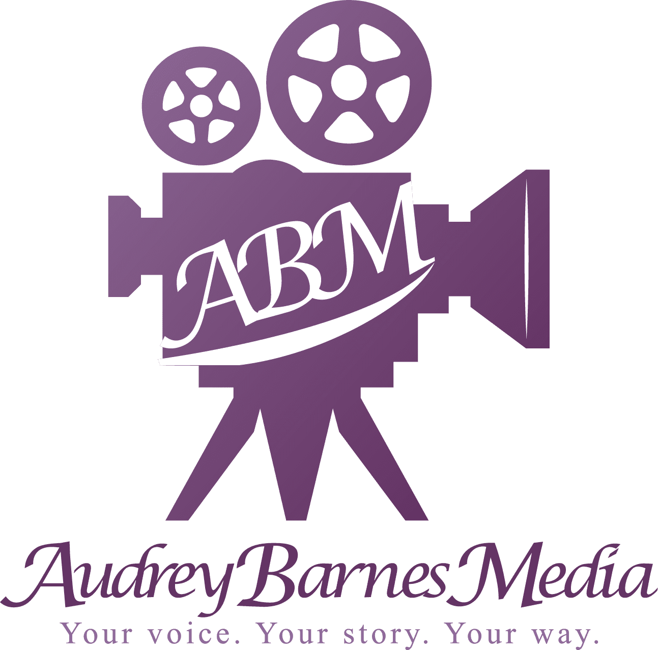 Logo of audrey barnes media featuring a stylized film camera with "abm" initials and the slogan "your voice. your story. your way." on a green background.